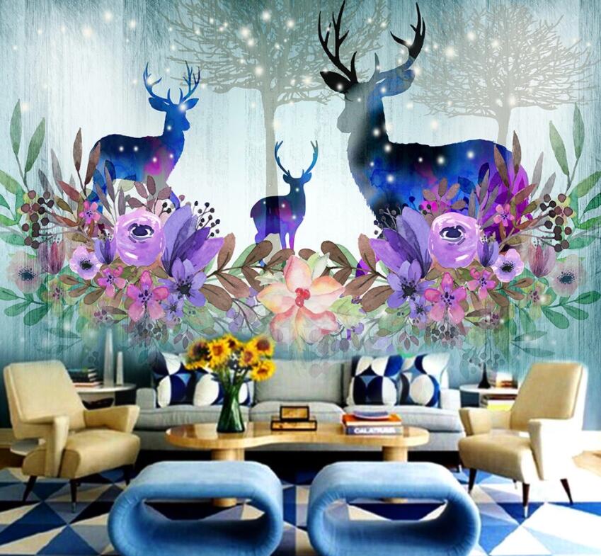 3D Blue Deer Flower WG571 Wall Murals