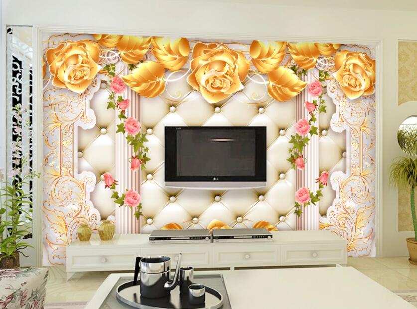3D Golden Flowers 055 Wall Murals Wallpaper AJ Wallpaper 2 