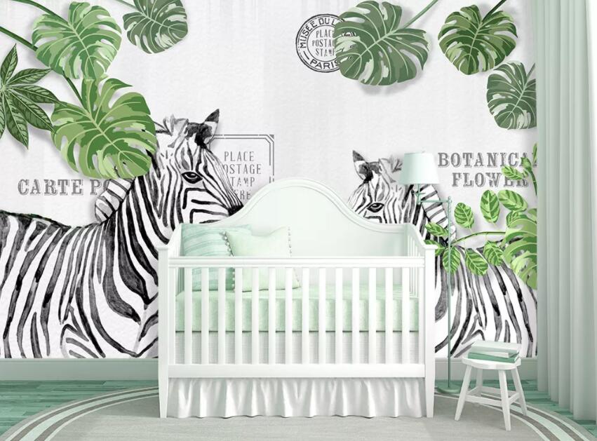 3D Zebra Green Leaf 469 Wall Murals Wallpaper AJ Wallpaper 2 