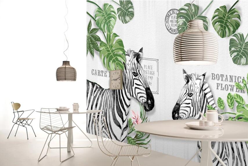 3D Zebra Green Leaf 469 Wall Murals Wallpaper AJ Wallpaper 2 