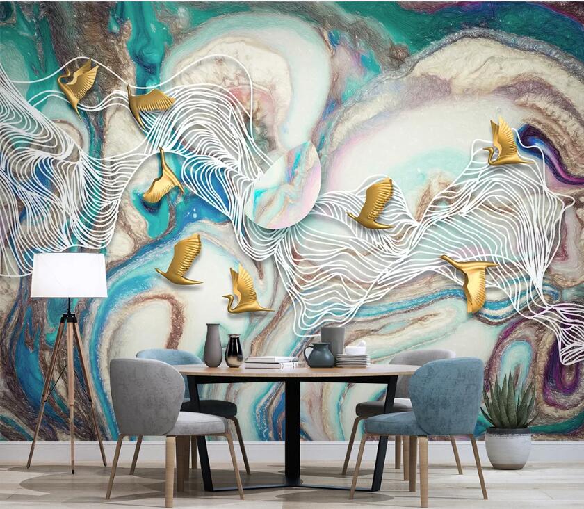 3D Gold Crane WC2323 Wall Murals