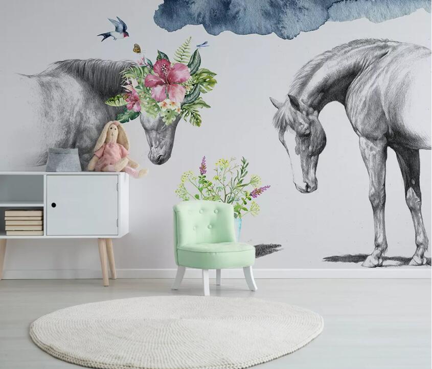 3D Horse Flower WC1818 Wall Murals