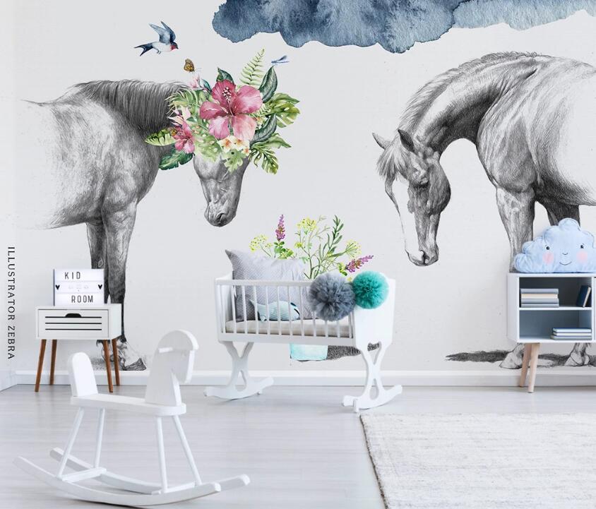 3D Horse Flower WC1818 Wall Murals