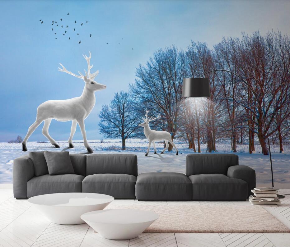 3D White Deer Bird WC1628 Wall Murals