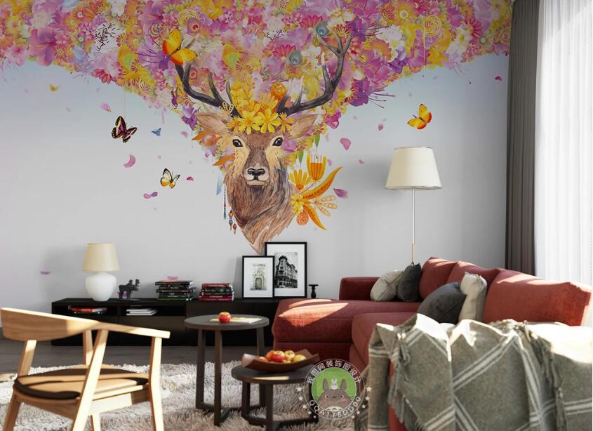 3D Butterfly Deer WC1351 Wall Murals
