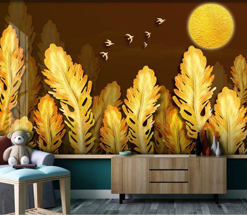3D Golden Leaves WC47 Wall Murals Wallpaper AJ Wallpaper 2 