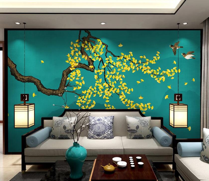 3D Yellow Leaves WC19 Wall Murals Wallpaper AJ Wallpaper 2 