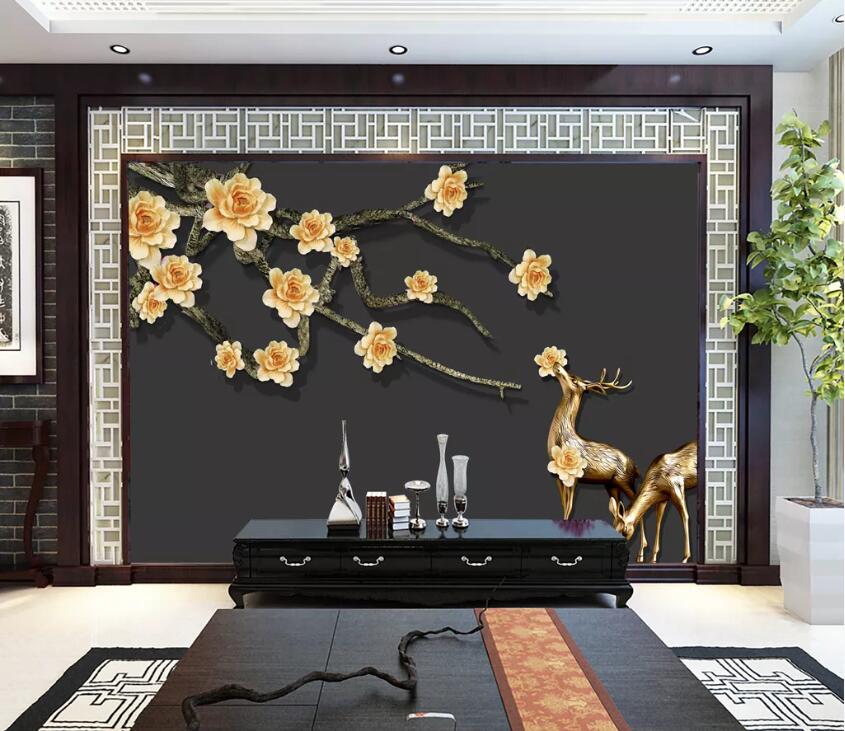 3D Golden Flower Fawn WC55 Wall Murals Wallpaper AJ Wallpaper 2 