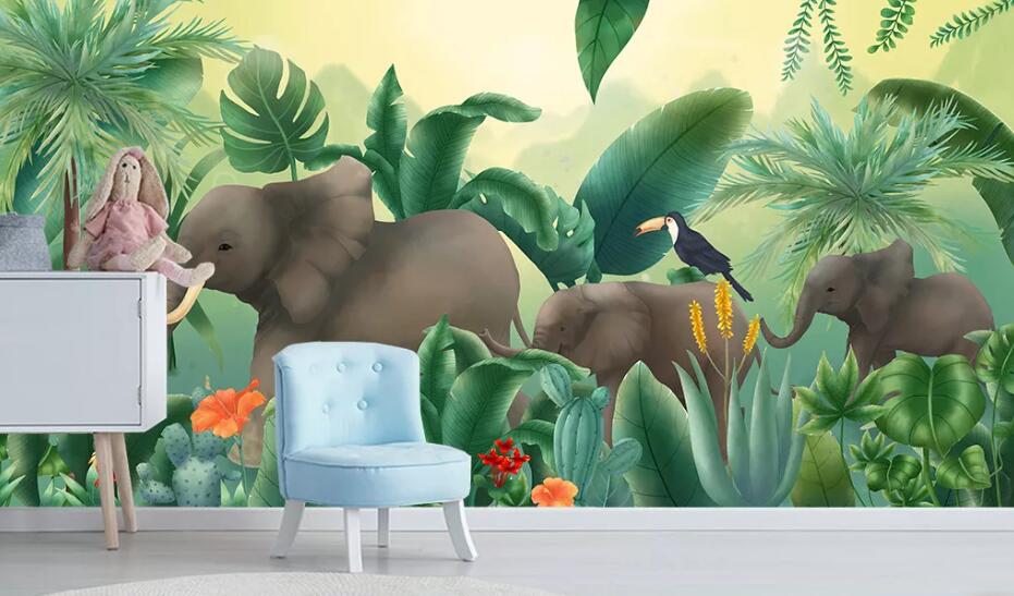 3D Elephant Parrot WC2586 Wall Murals