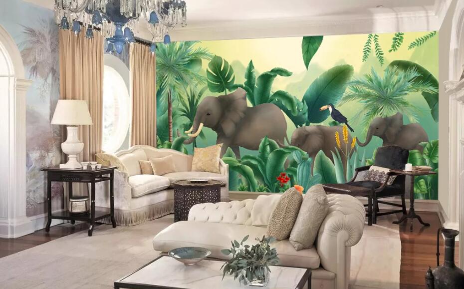 3D Elephant Parrot WC2586 Wall Murals