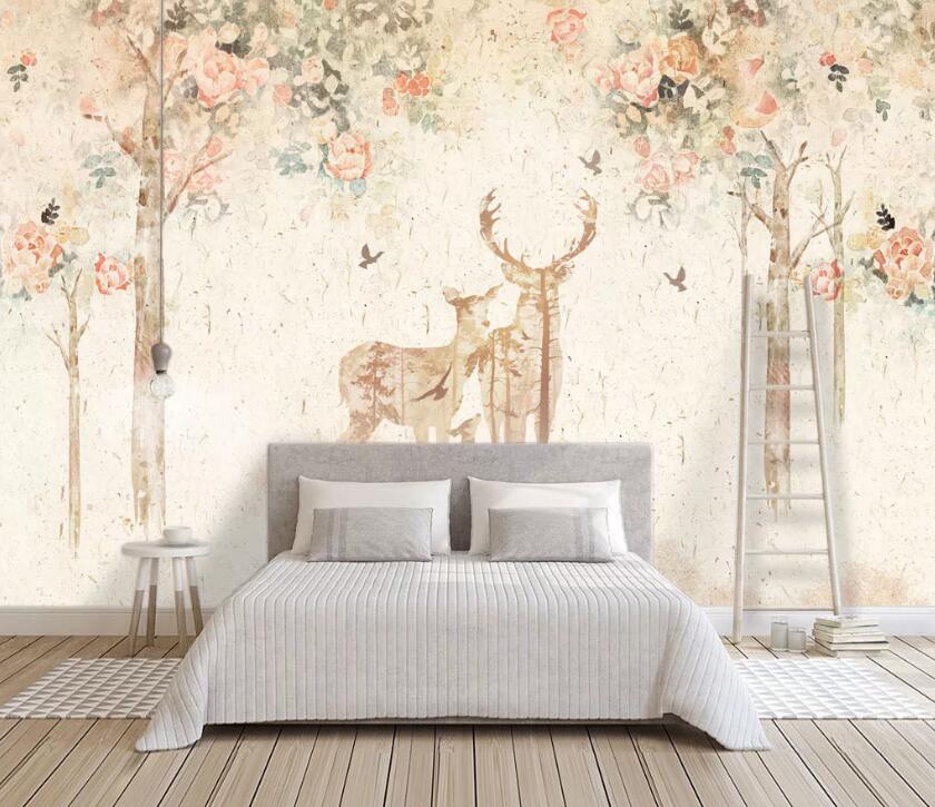 3D Tree Flowers Deer WC2577 Wall Murals
