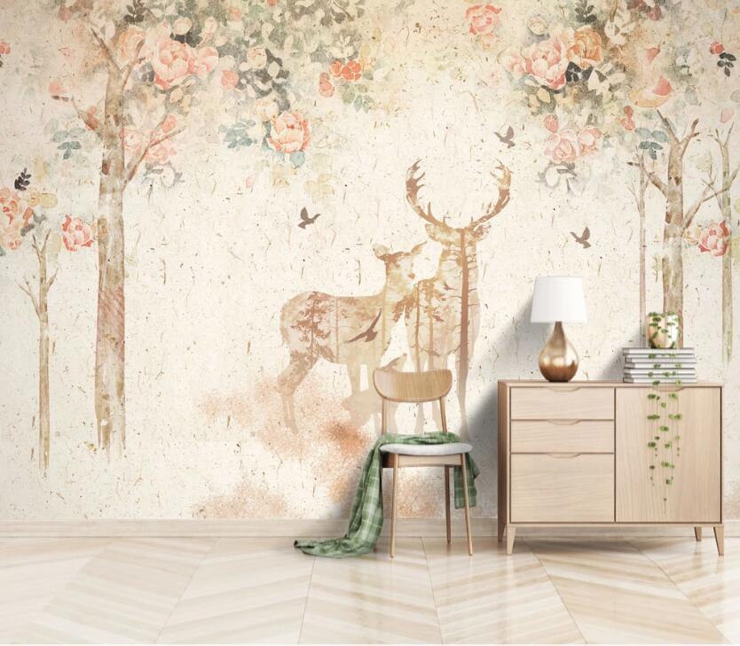 3D Tree Flowers Deer WC2577 Wall Murals