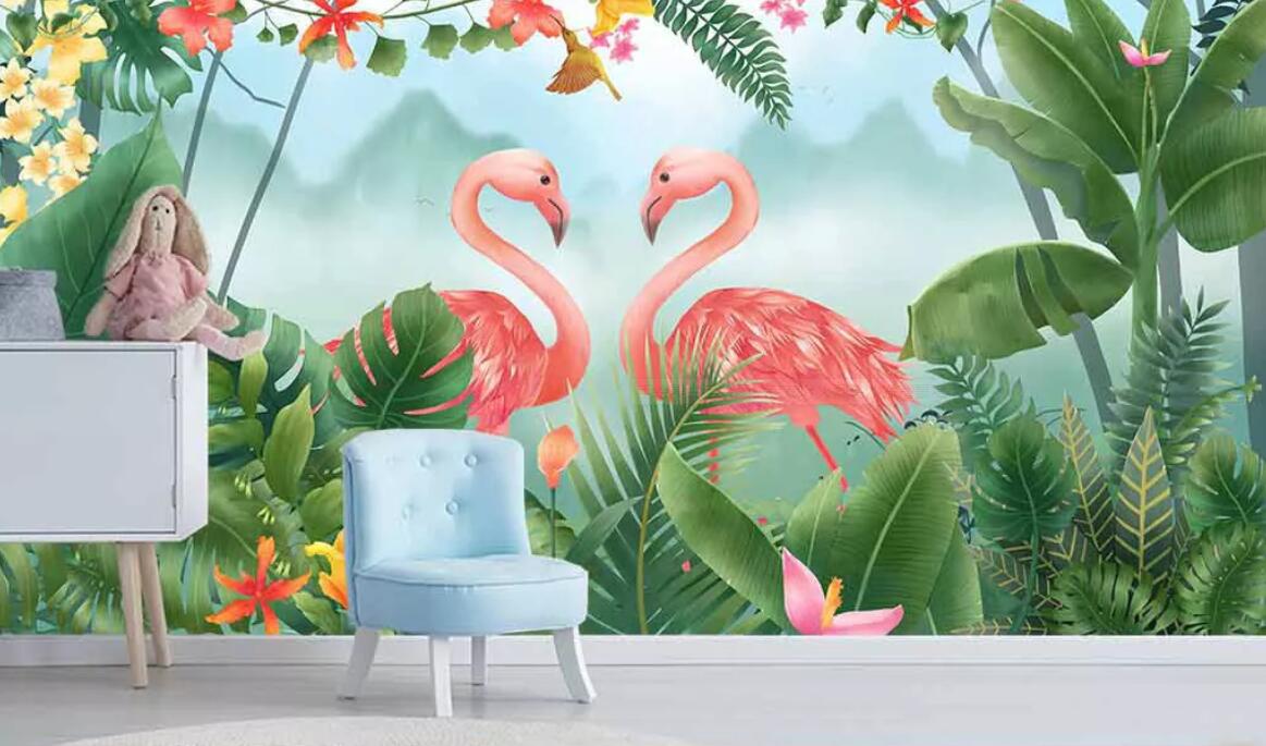 3D Flamingo Leaves WC10 Wall Murals Wallpaper AJ Wallpaper 2 