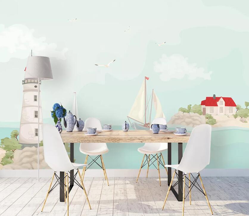 3D Seagull Boat WC2165 Wall Murals