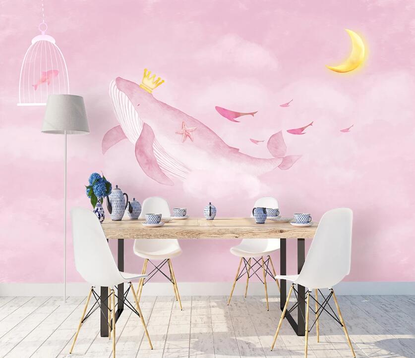 3D Pink Whale Moon WC2126 Wall Murals