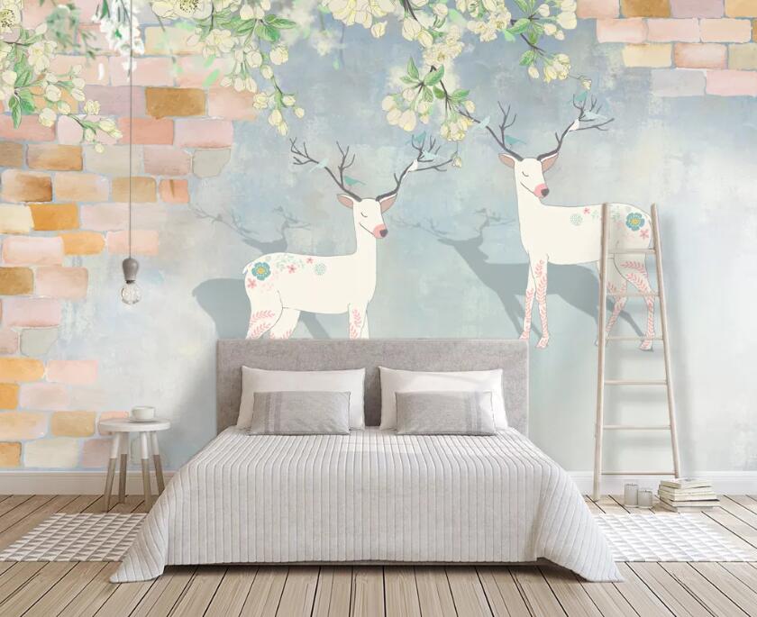 3D White Deer Brick WC1841 Wall Murals
