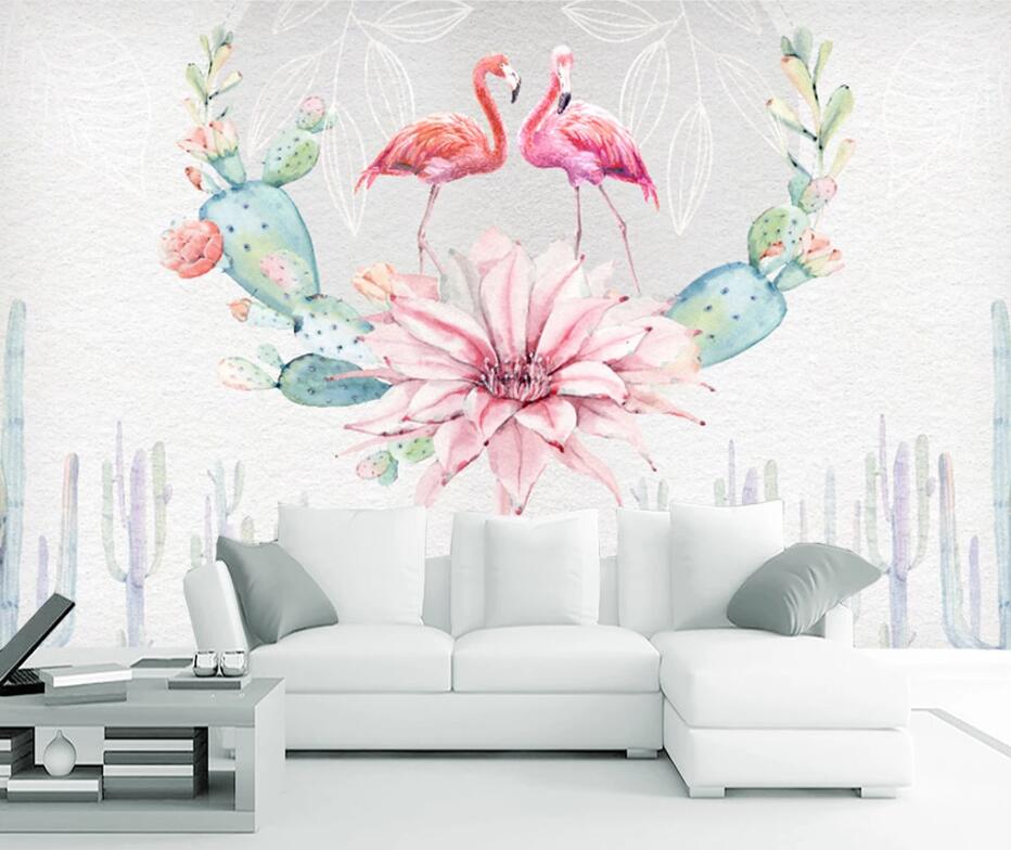 3D Cactus Flamingo WC1669 Wall Murals