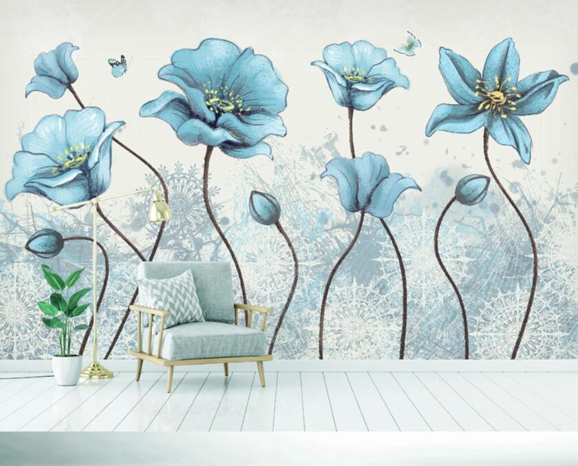 3D Blue Flowers WC22 Wall Murals Wallpaper AJ Wallpaper 2 