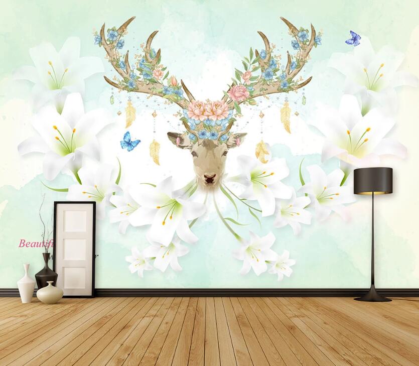 3D Deer Lily WC1624 Wall Murals