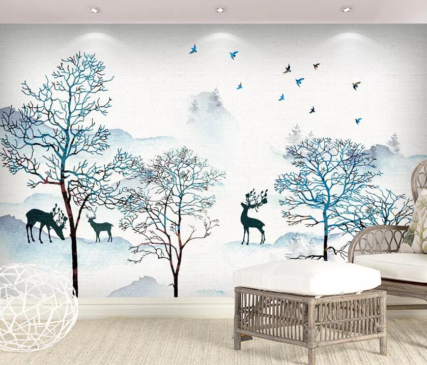 3D Bird Tree Deer WC1534 Wall Murals
