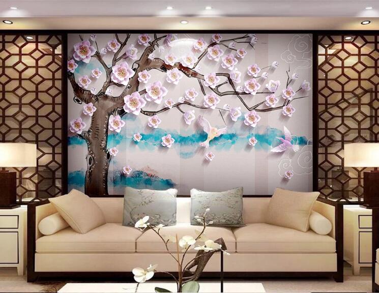 3D Pink Bird Flower WC1452 Wall Murals