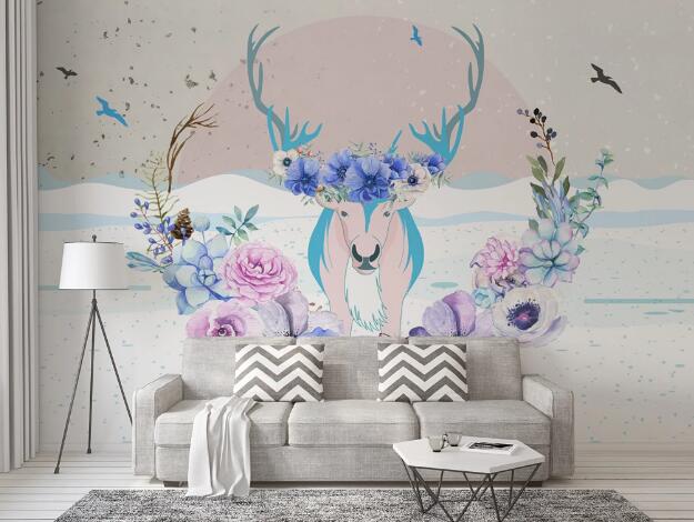 3D Pink Deer Flower WC893 Wall Murals