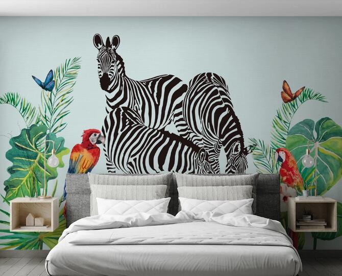 3D Zebra Parrot WC576 Wall Murals