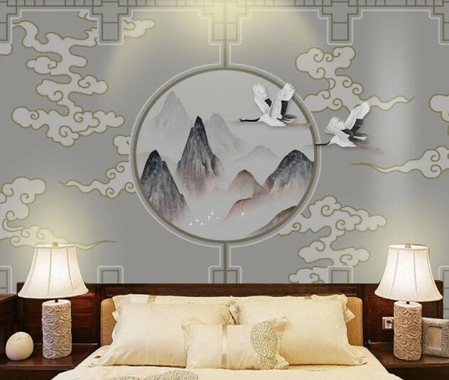 3D Flying Crane Mountain WC2675 Wall Murals