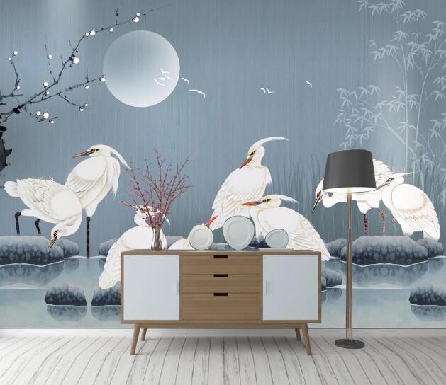 3D White Crane Moon WC2431 Wall Murals