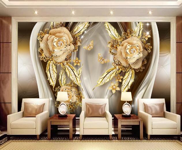3D Golden Rose Butterfly WC1489 Wall Murals