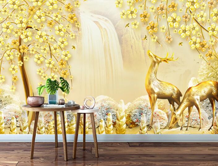 3D Golden Flower Fawn WC1379 Wall Murals