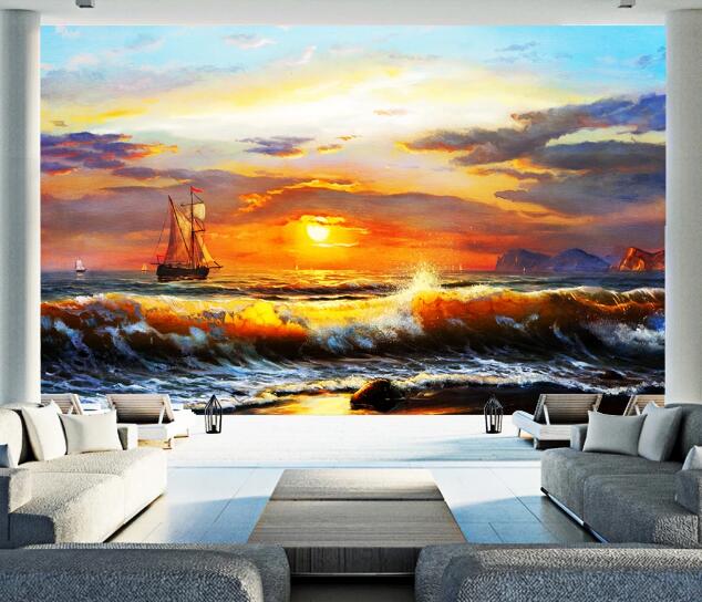 3D Sunset Wave Boat WC194 Wall Murals