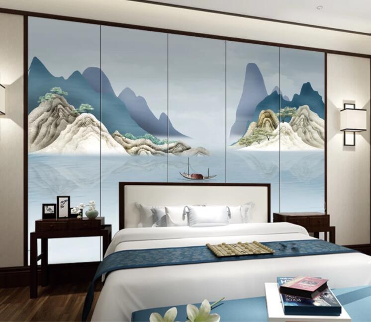 3D Sea Boat Hill WC2652 Wall Murals