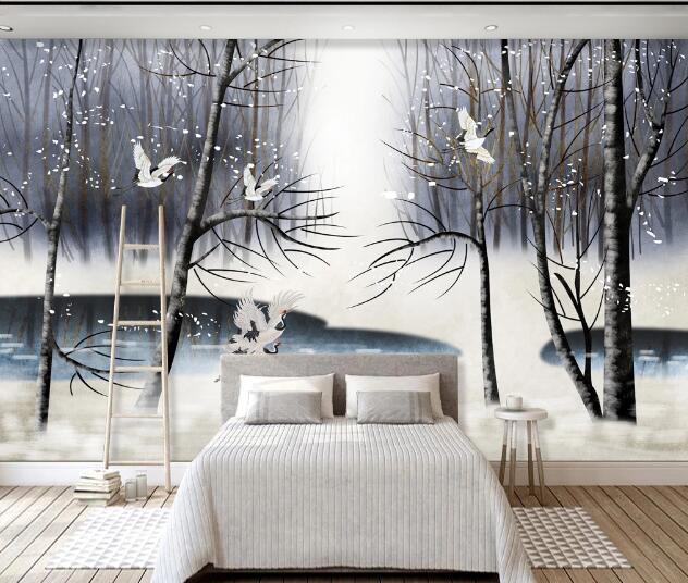 3D Snow Forest Crane WC1695 Wall Murals