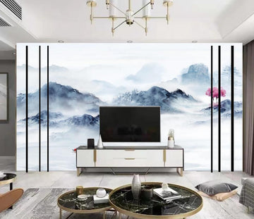 3D Pink Tree On Dark Blue Mountains 1709 Wall Murals