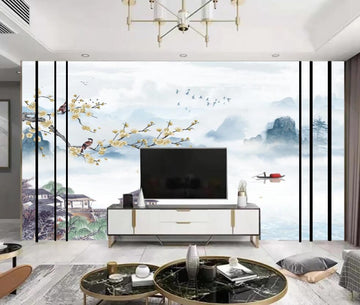 3D Yellow Flowers In Light Blue 1704 Wall Murals