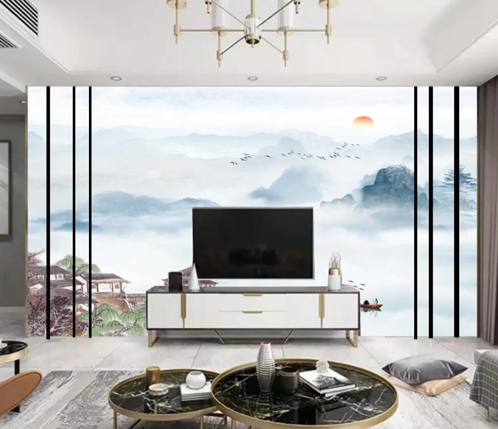 3D Light Blue Blooming Mountains 1700 Wall Murals