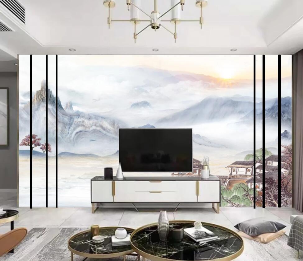3D Pale Blue Cloudy Mountains 1696 Wall Murals