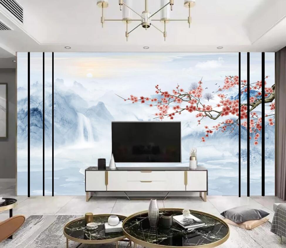 3D Blue Mountains And Red Plum 1695 Wall Murals