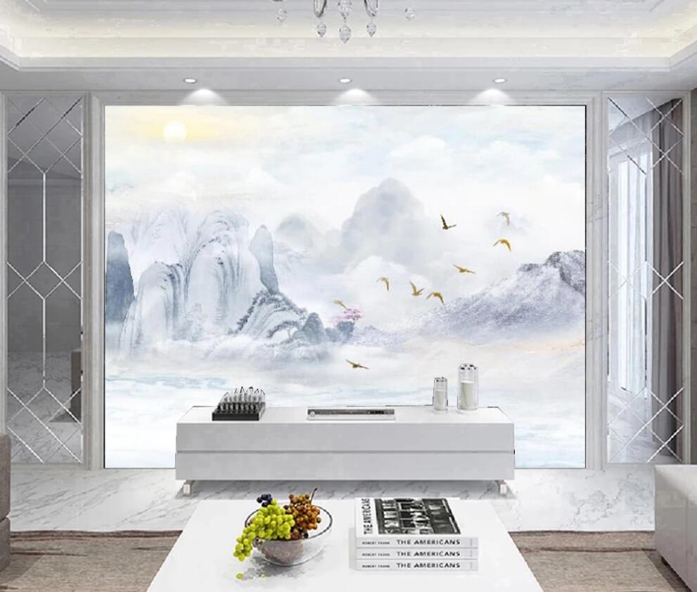 3D Tranquil Pale Blue Mountains 1668 Wall Murals