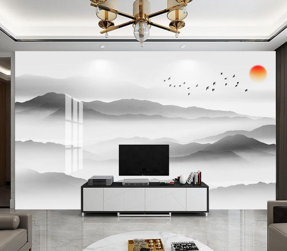 3D Red Sun And Ink Continue 1645 Wall Murals