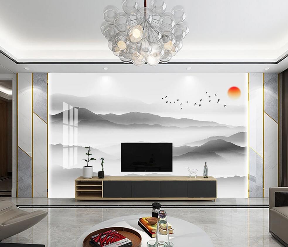3D Red Sun And Ink Continue 1645 Wall Murals