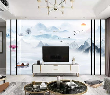 3D Hazy And Distant Blue Mountain View 1590 Wall Murals