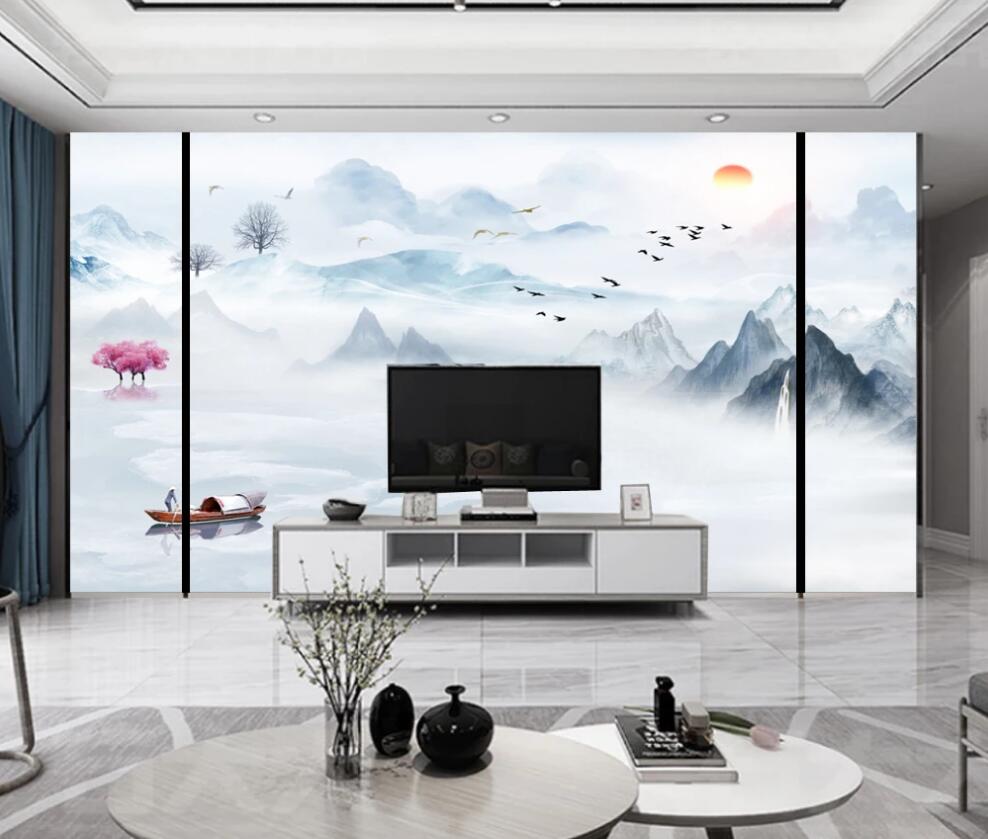 3D Hazy And Distant Blue Mountain View 1590 Wall Murals