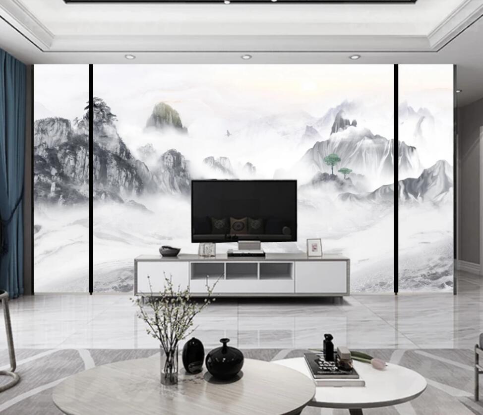 3D Ink Clouds And Distant Mountains 1584 Wall Murals