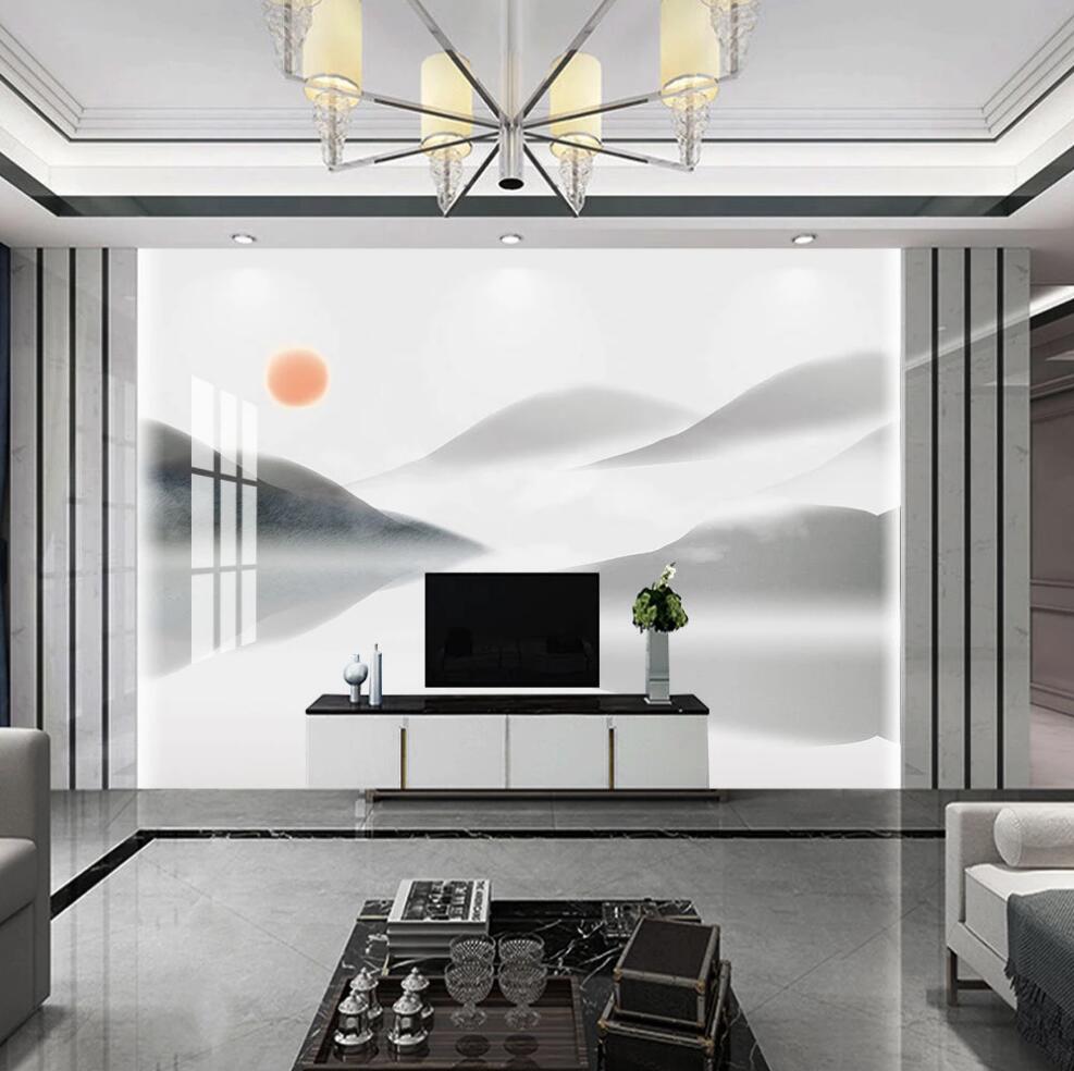 3D Red Sun And Mountains 1616 Wall Murals