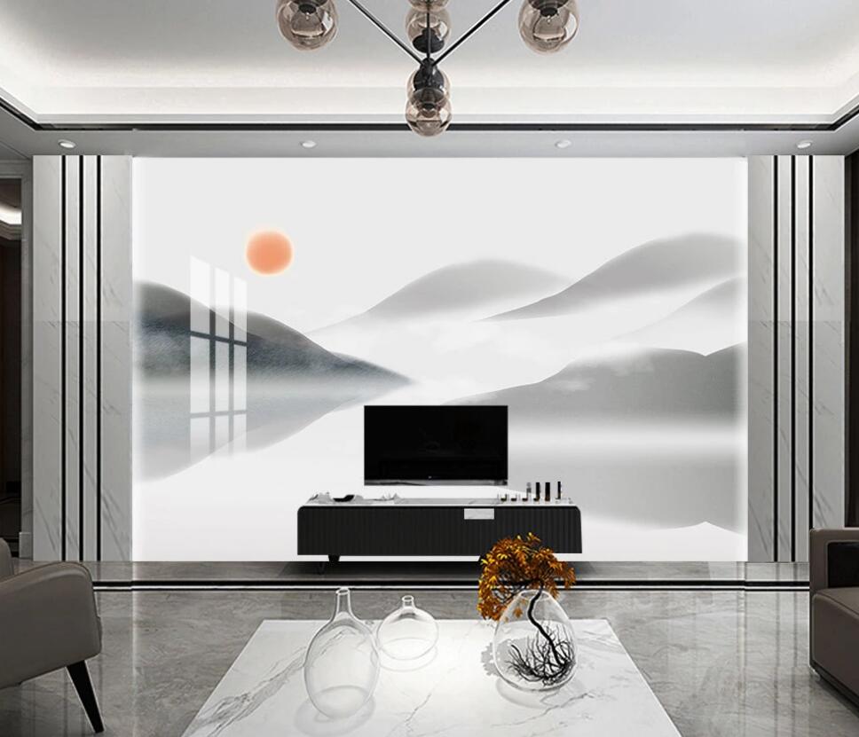 3D Red Sun And Mountains 1616 Wall Murals