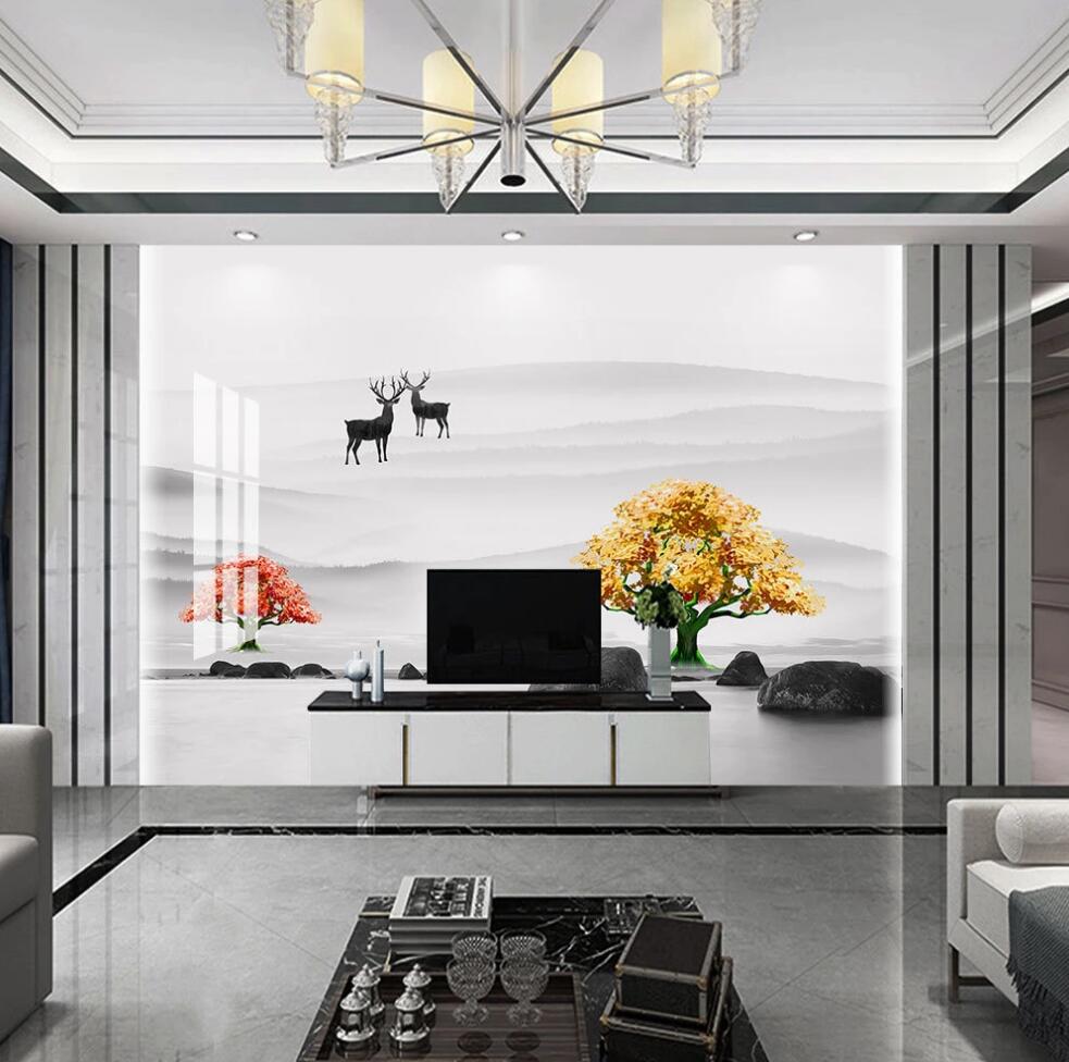 3D Orange Tree And Yellow Tree 1614 Wall Murals