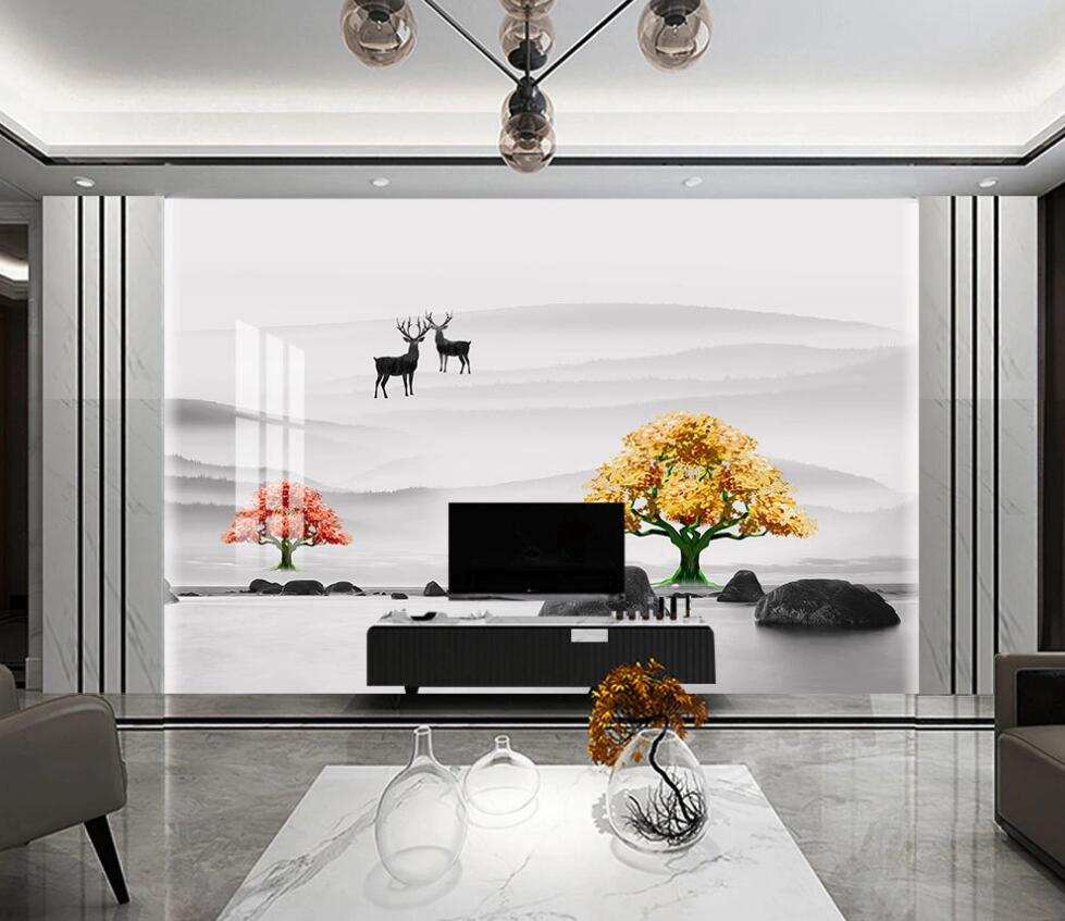 3D Orange Tree And Yellow Tree 1614 Wall Murals