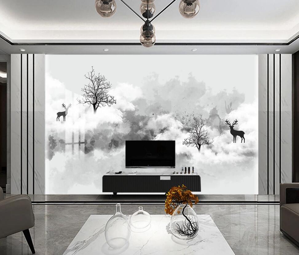 3D Deer In The Ink Cloud 1610 Wall Murals